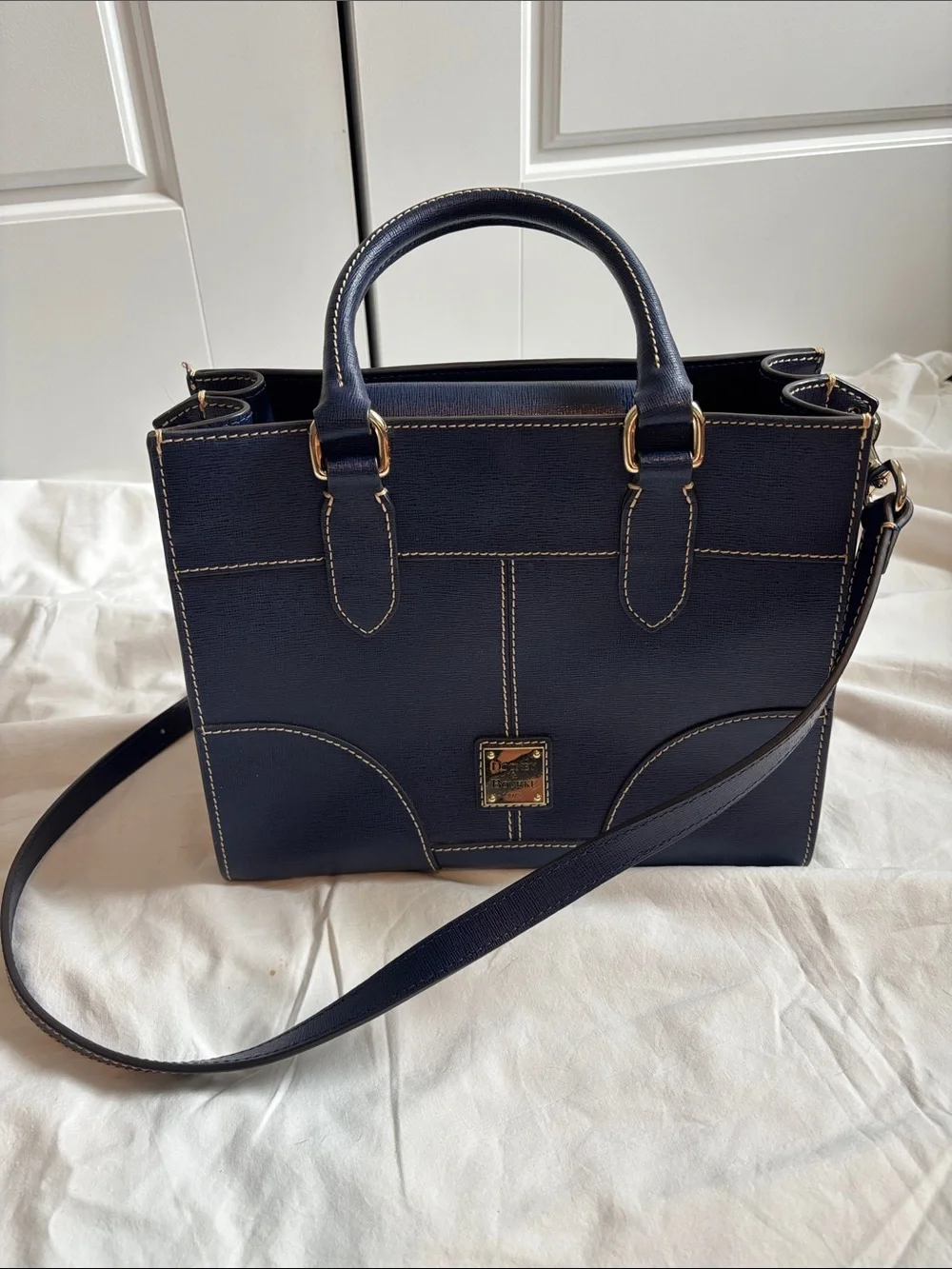 Dooney & Bourke Structured Navy Leather Top-Handle Tote with Gold Accent